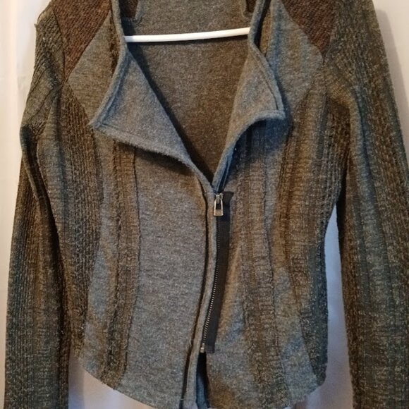 MISS ME Designer Cardigan Sweater women XS Gray Green Brown Crochet & knit ZipUp - Picture 3 of 10